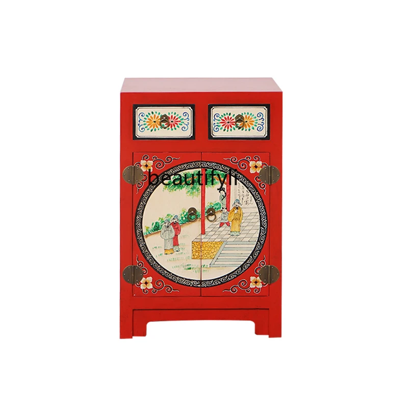 

Chinese solid wood painted bedside storage locker antique retro hand-painted solid wood edge cabinet can be customized