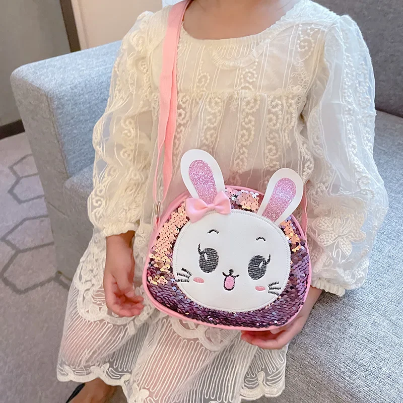 Girls Messenger Bag 2024 New Cartoon Cute Sequins Bunny Pu Leather Bag Sweet Little Princess Shoulder Coin Purse Crossbody Bag