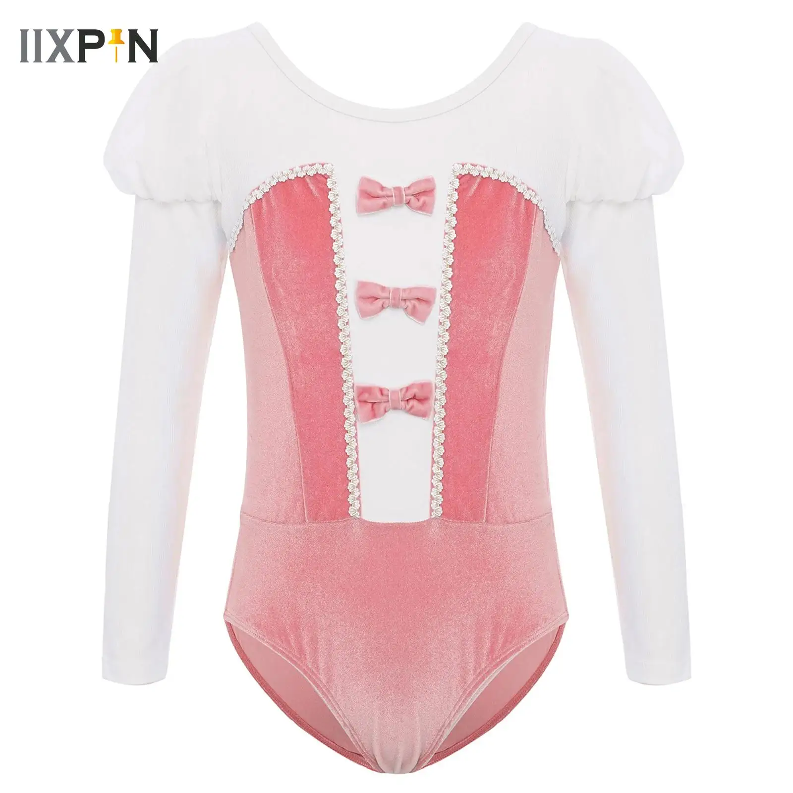 

Bowknot Ballet Leotards for Girls Kids Velvet Splicing Dance Bodysuit Long Sleeve Dance Costume Rhythmic Gymnastics Jumpsuits