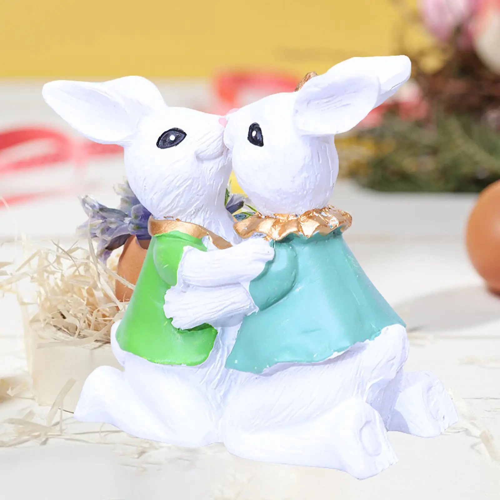 Easter Pastoral Rabbit Couple Statue Tabletop Ornament Handcrafted 8x3.5x7.5cm