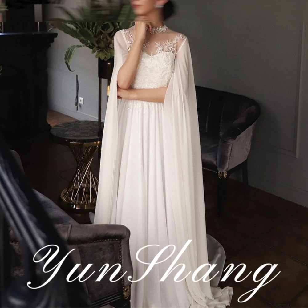 YunShang ที่กําหนดเองง่าย O-Neck Cape แขน Appliques งานแต่งงานผู้หญิงเซ็กซี่ Backless A-Line ชุดชีฟอง Vestidos De Novia