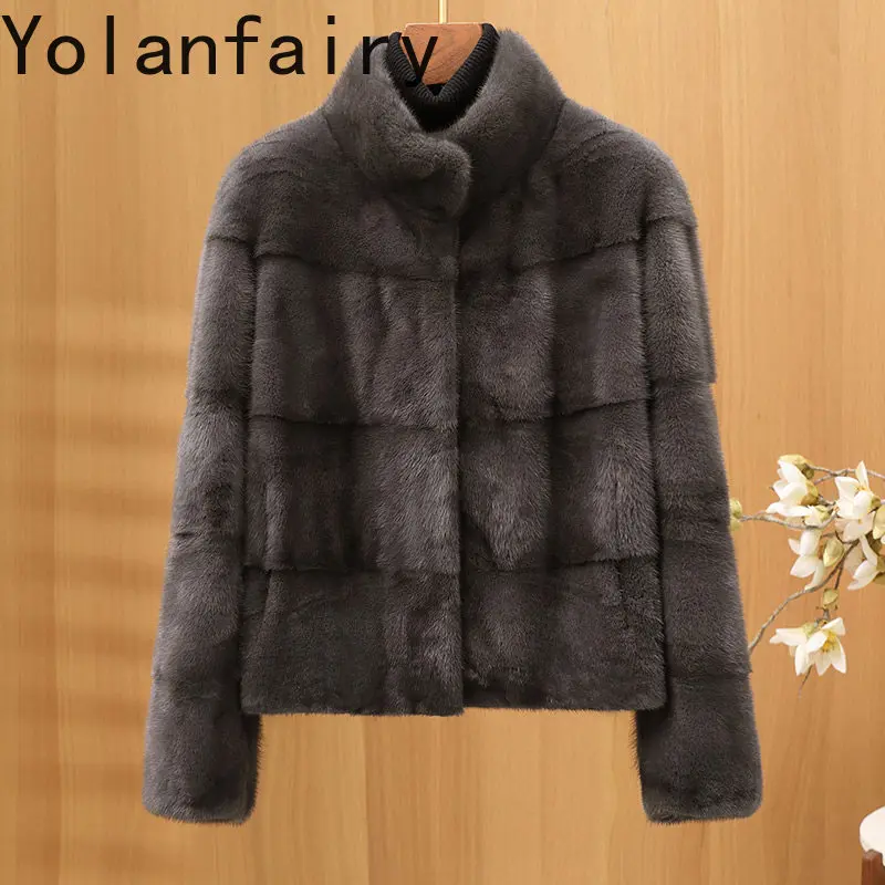 เสื้อโค้ทขนสัตว์แท้ YOLANFAIRY สำหรับผู้หญิง ฤดูหนาว ปกตั้ง ดีไซน์หรูหรา ทำจากขนมิงค์แท้ทั้งตัว เสื้อโค้ทขนสัตว์มิงค์แท้แบบสั้น แจ็คเก็ตขนสัตว์มิงค์ Casacos