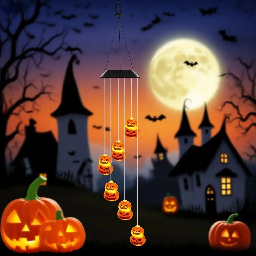 Creative Halloween LED Pumpkin Wind Chime Solar Powered Pumpkin Shaped Solar Wind Chime Lamp LED Light String Durable