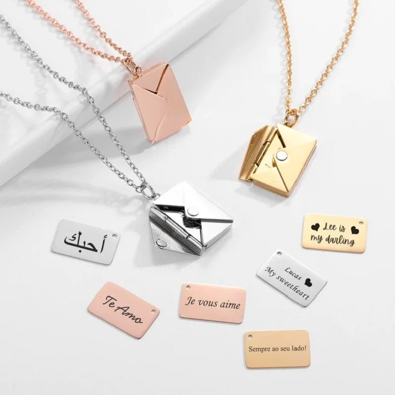 VQYSKO Love Letter Envelope Pendant Necklace Customized Stainless Steel Jewelry Confession Love You for Valentine Day Mother Day
