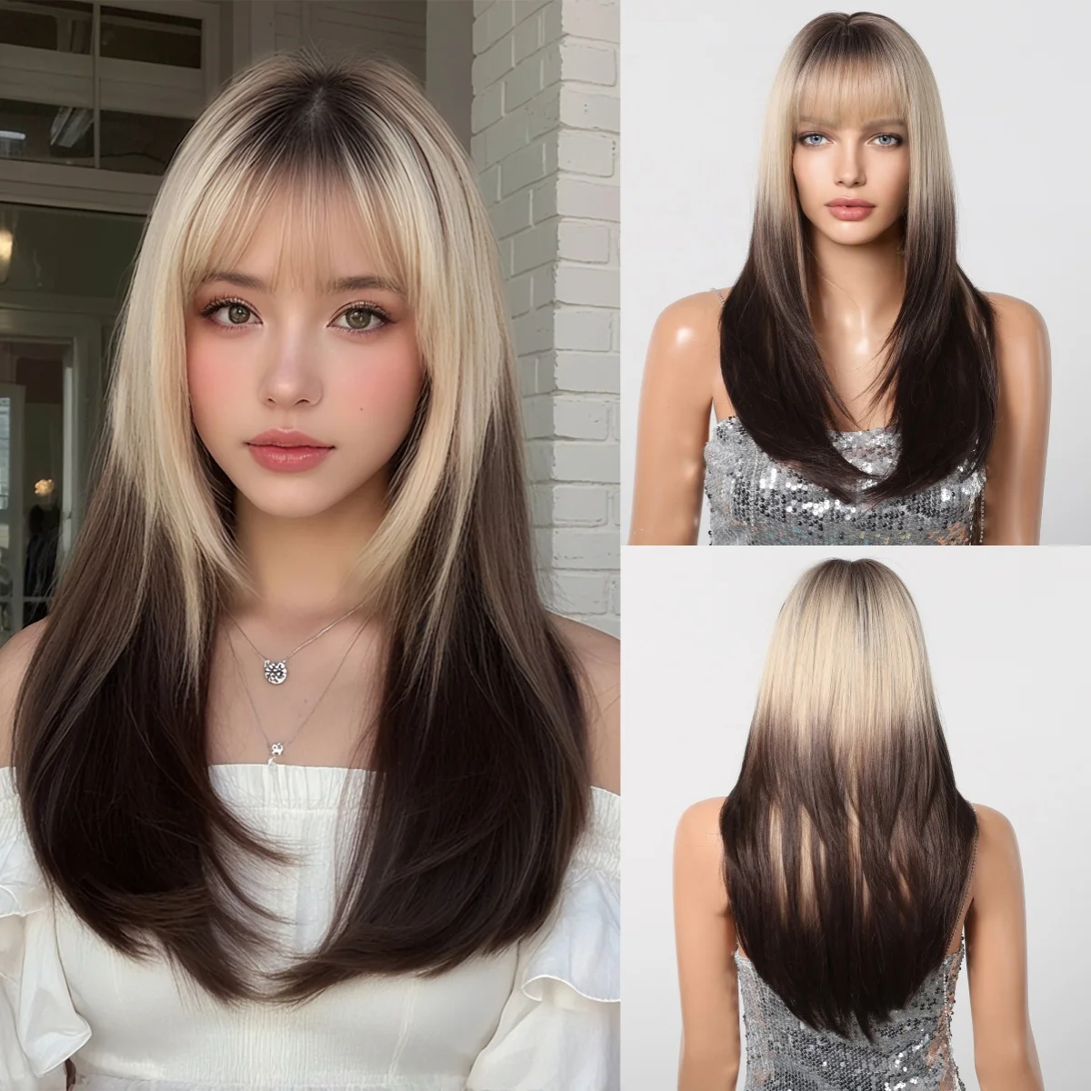 

HENRY MARGU Layered Synthetic Wigs Straight Long Blonde to Brown Wig with Bangs for Women Daily Cosplay Wigs Heat Resistant