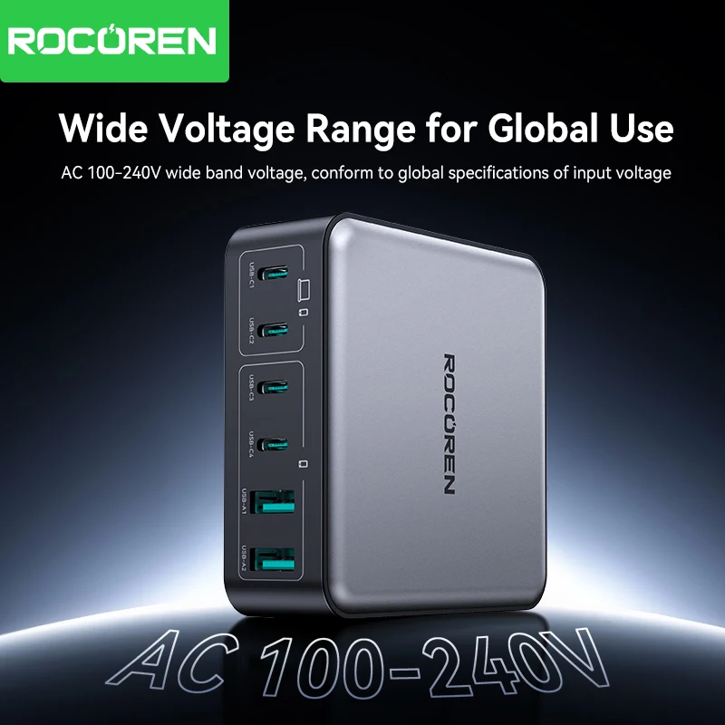 Rocoren 200W USB Type C Charger Fast Charging Desktop Charger Portable 6 Ports Power Station For iPhone 16 15 Pro Max Xiaomi 14