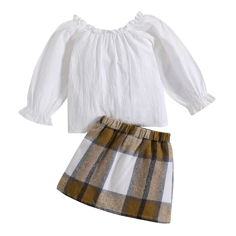 Kids Girls Skirt Set Long Sleeve Off-shoulder T-shirt with Plaid Skirt 2-piece Outfit