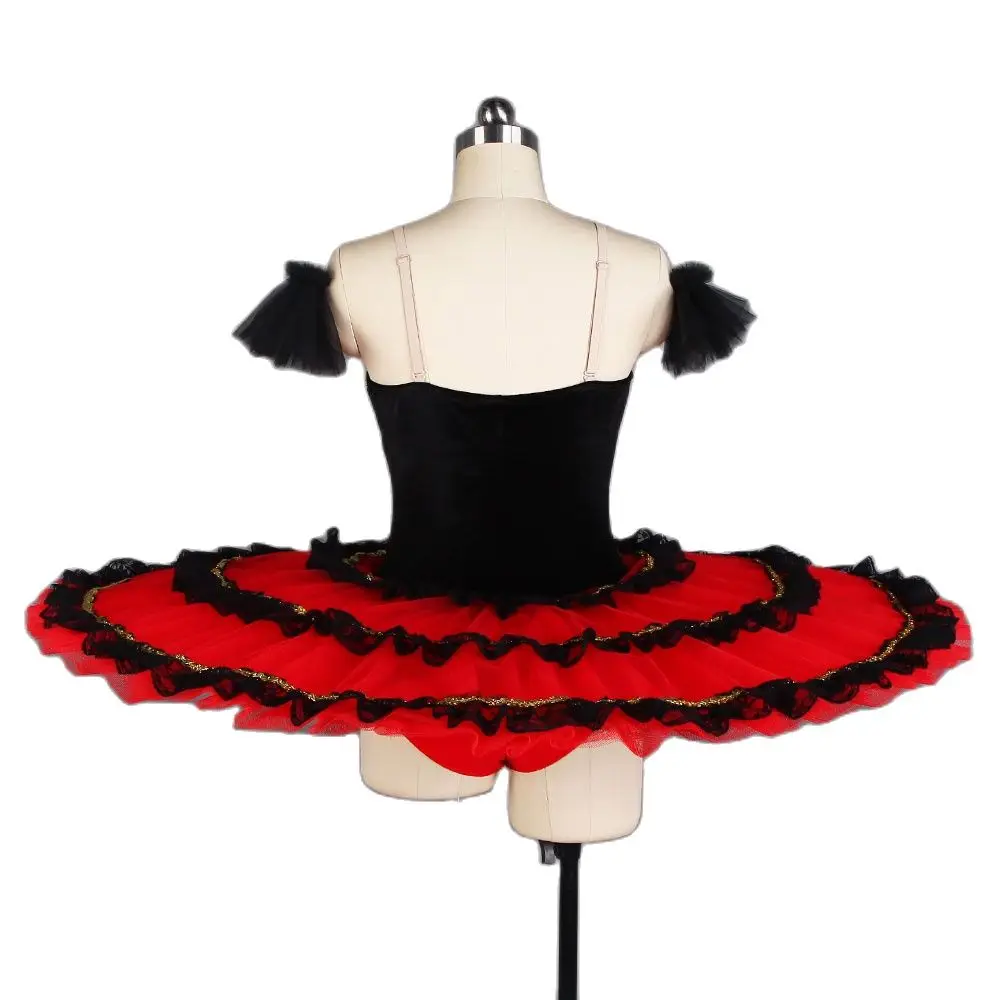 Adult Girls Red Spanish Dress Professional Ballet Dance Tutus Black Stretch Velvet Bodice with Tiered Pancake Tutus BLL408