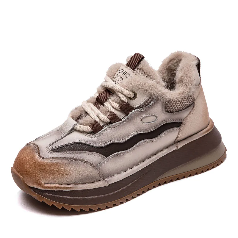Handmade Retro Cow Leather Women's Winter Lace-Up Shoes