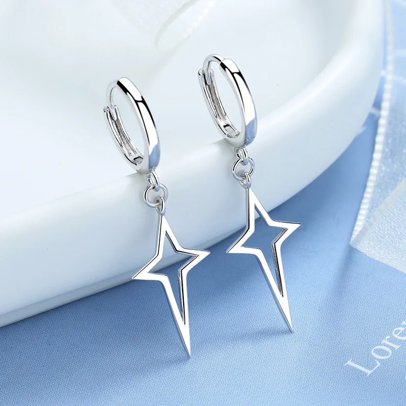 Punk Metal Hollow Star Dangle Earrings for Women Silver Color Vintage Cross Drop Earrings Trendy Statement Loop Jewelry Gift