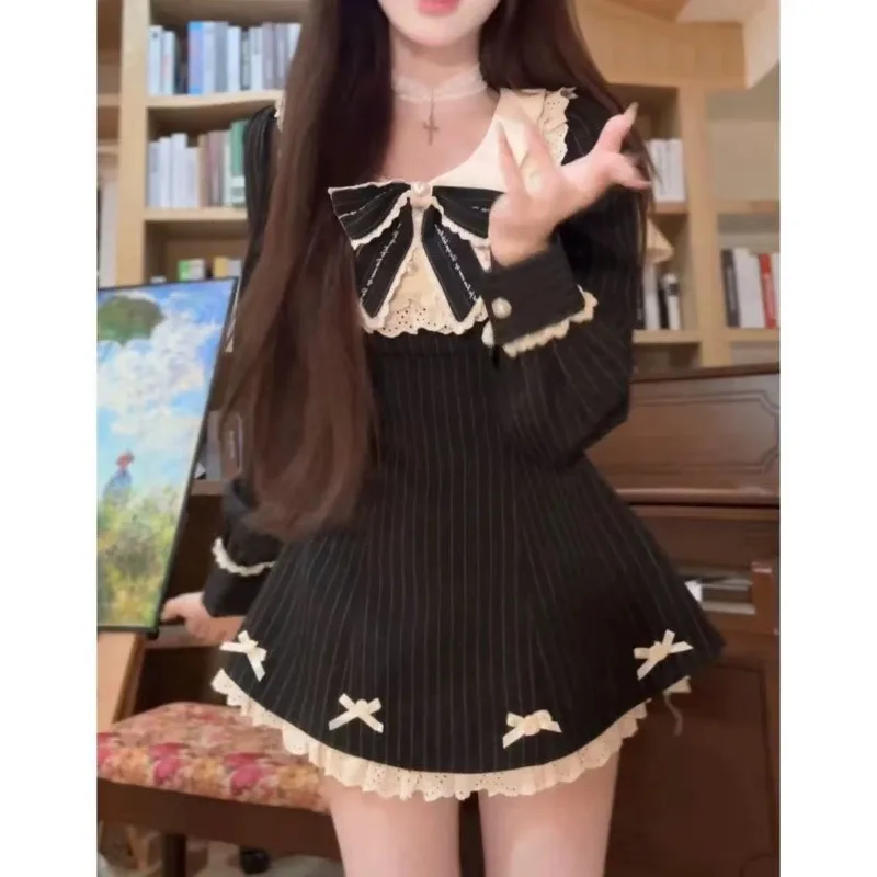 Outono novo kawaii estilo princesa arco vestidos coreano designer de moda doce vestido curto meninas elegante festa roupas finas 2025 novo