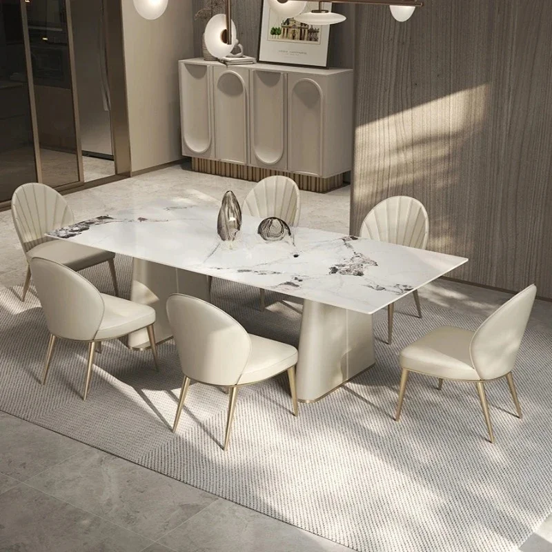 

Living Room Stone Plate Dining Tables and Chairs Set Light Luxury Designer Luxury Stone Rectangular Dining Table