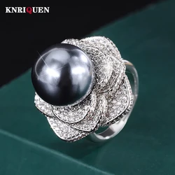 Charms 14MM White Black Big Pearl Adjustable Flower Rings for Women Lab Diamond Cocktail Party Fine Jewelry Elegant Female Gift
