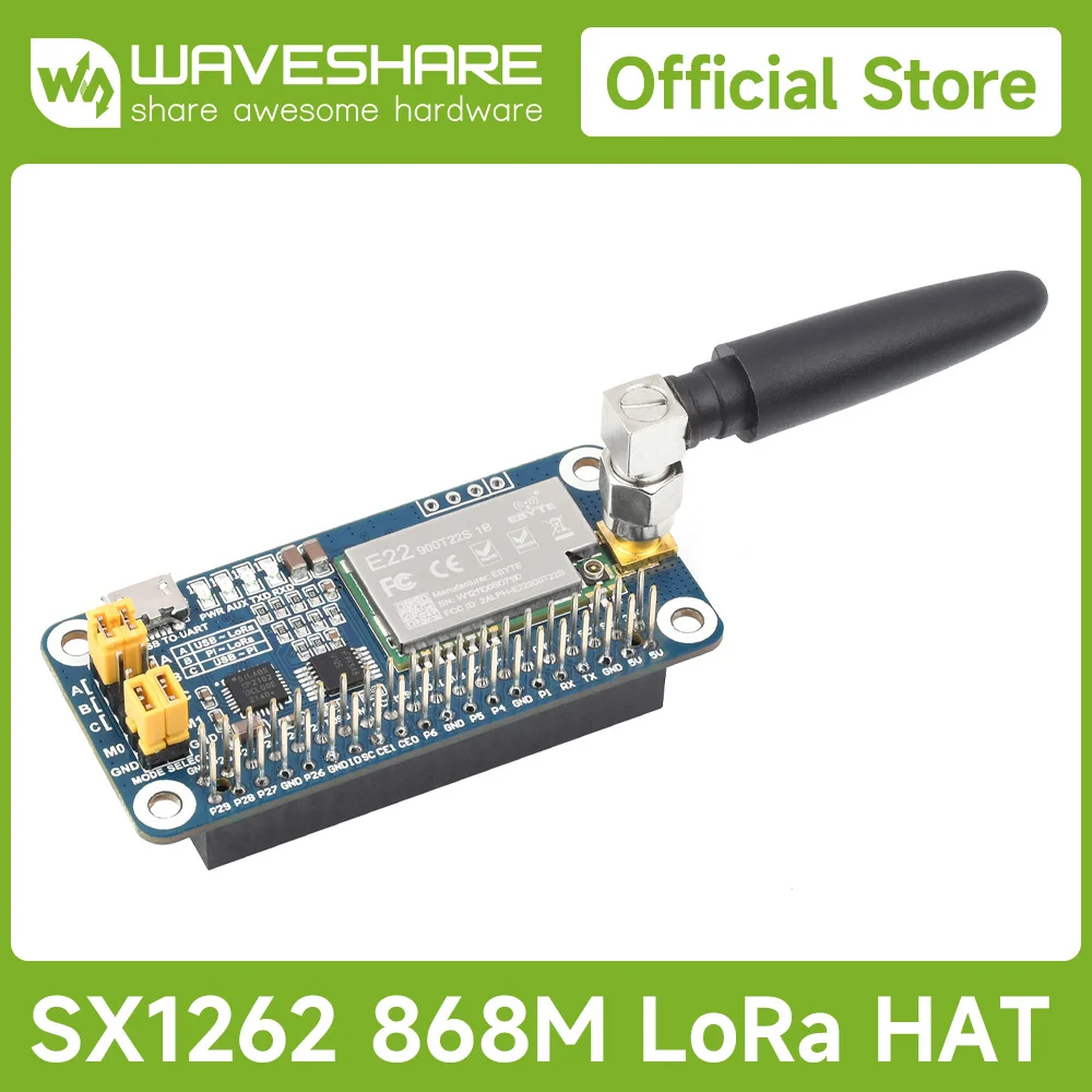 Waveshare SX1262 LoRa HAT for Raspberry Pi, Spread Spectrum Modulation, 868MHz Frequency Band for Raspberry Pi 5/4B/3B