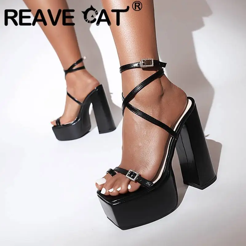 

REAVE CAT Female Sandals Clip Toe Chunky Heel 14.5cm Platform 4.5cm Crossover Strap Belt Buckle Big Size 42 43 Sexy Party Shoes