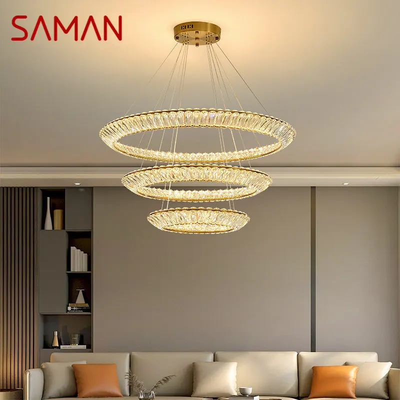 

SAMAN Nordic Modern Ring Pendant Lamp Led Round Crystal Chandelier Creative Light Luxury For Living Room Villa Bedroom Decor