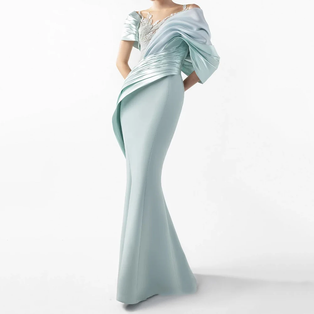Maßgeschneiderte Meerjungfrau-Abendkleider, bodenlang, U-Ausschnitt, ärmelloses Abendkleid, modisches, mit Perlen verziertes, drapiertes Partykleid mit Blumen und Falten