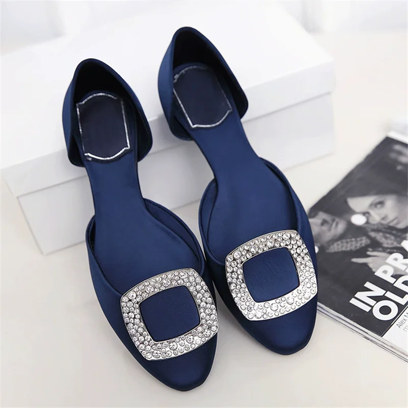 Spring and summer new round toe hollow silk surface rhinestone buckle sandals banquet large size small size flat women's shoes view 4