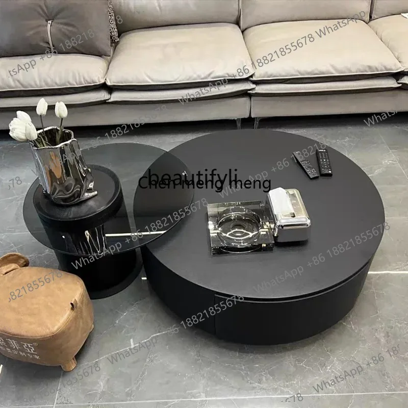 new Zq-Italian Solid Wood Stone Plate, Modern Minimalist Living Room Size, Round Household Tempered Glass, Pure Black Tea Table