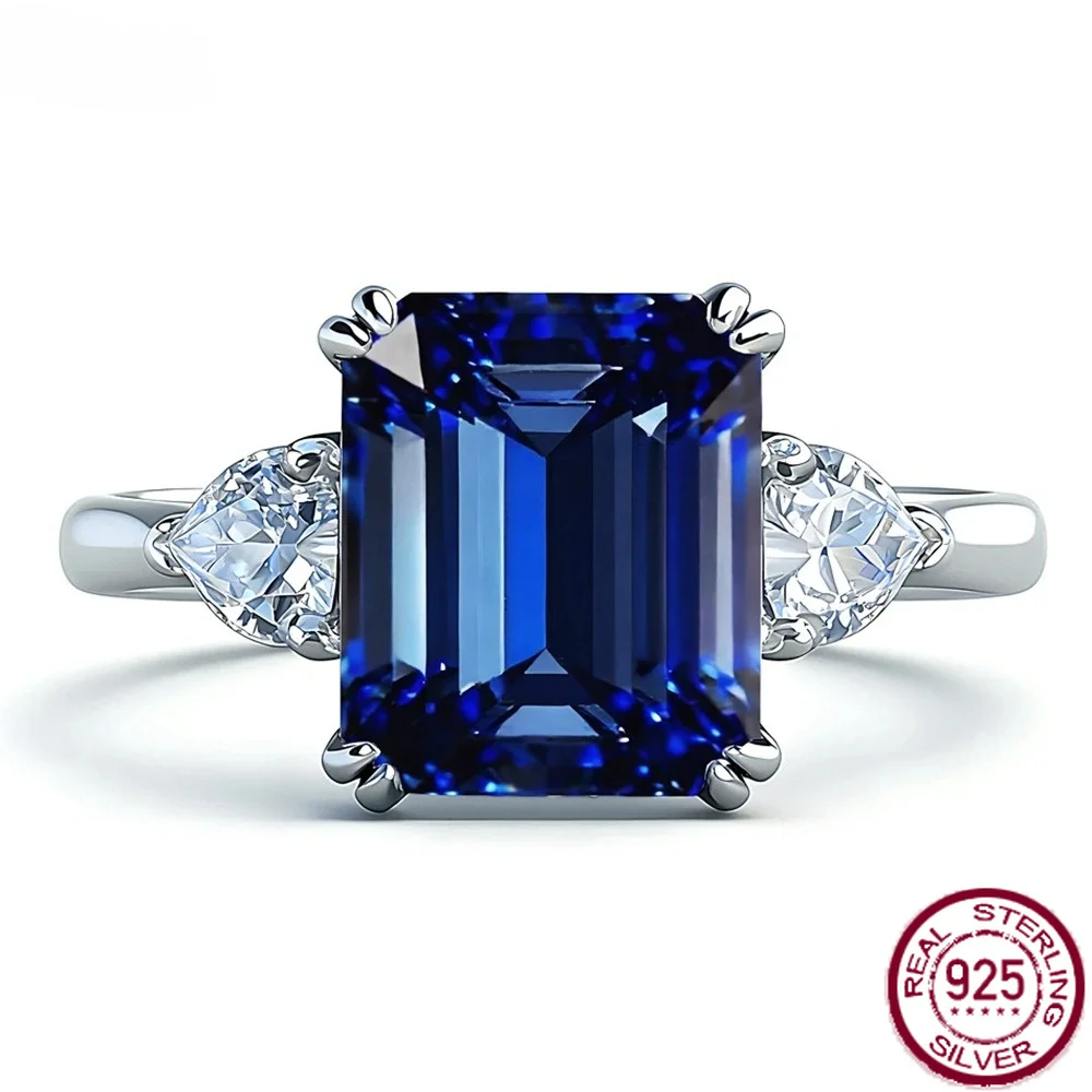 Yaranyan Anillos de Compromiso de Plata de Ley 925 con Diamantes de Alto Carbono, Gemas de Zafiro y Esmeralda Corte Esmeralda de 8*10 MM, Joyería Fina para Regalo