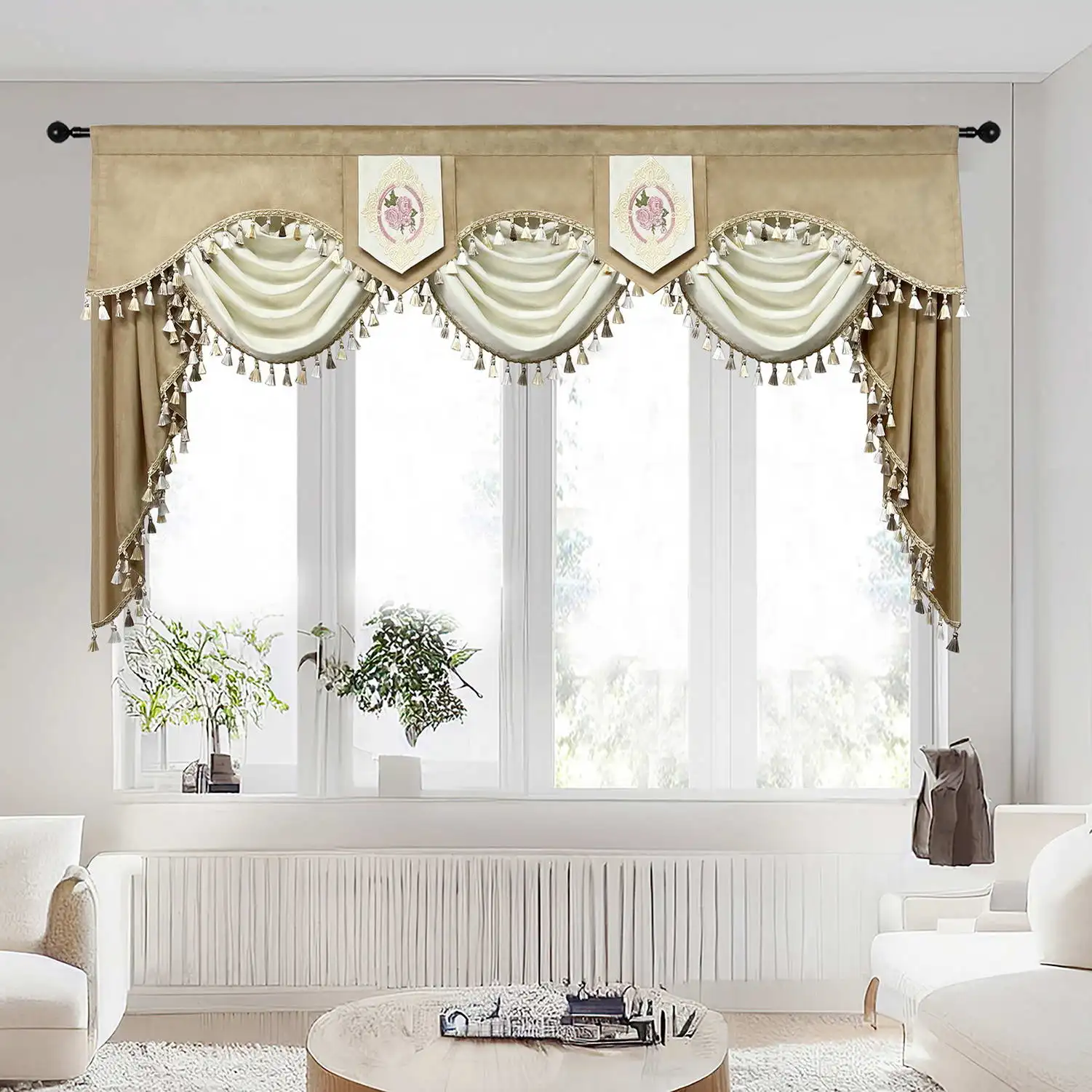 1PC Modern Luxury Velvet Wavy Valance Curtain Solid Rod Pocket Top Waterfall Curtain for Living Room Bay Window Drapes Cafe #E