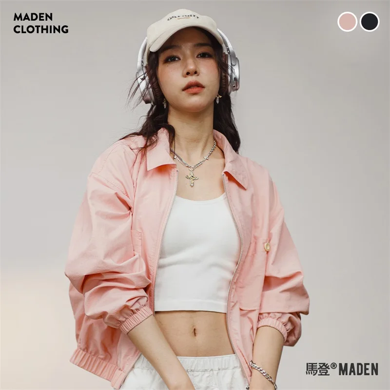 Maden 여성용 야구 칼라 짧은 재킷, 핑크 야구 의류 재킷, 용수철 캐주얼 루즈 코트, 여성용 스트리트웨어