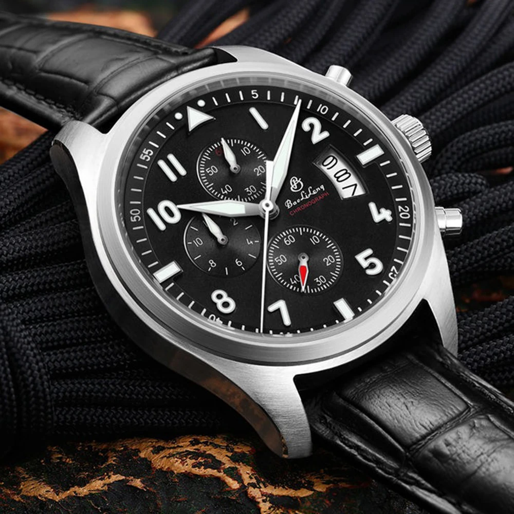 Pilot Chronograph Watch Men Military Watches 41mm Japan VK67 FS10 Chrono Quartz Wristwatches Air Force Luminous Clock BAOLILONG