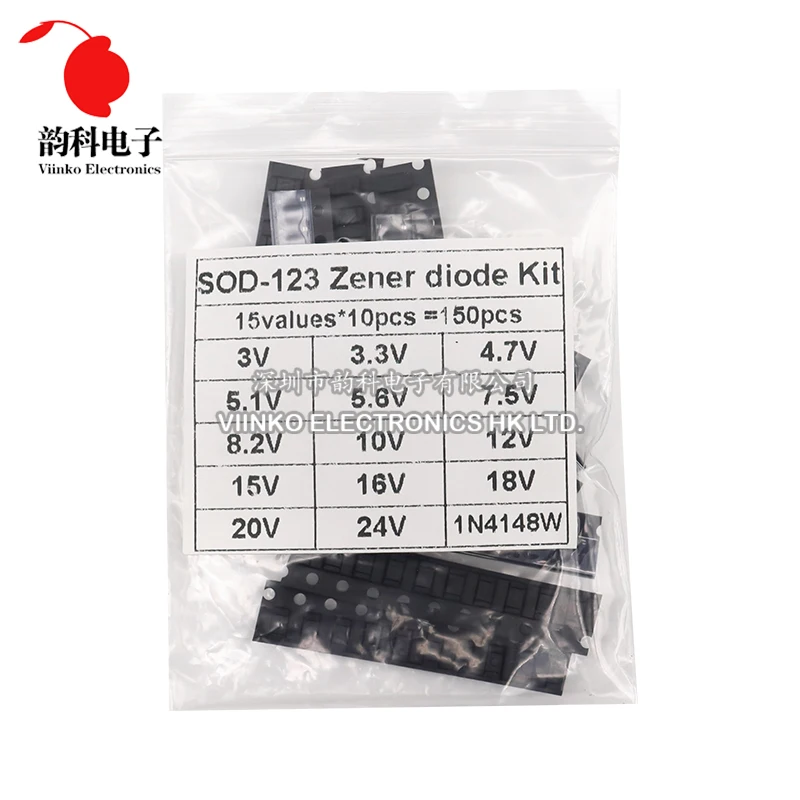 150 pz 0.5W SMD Zener diodo Kit SOD-123 1206 15 valori ogni 10 pz 3V - 24V 1 n4148 Set di campioni fai da te