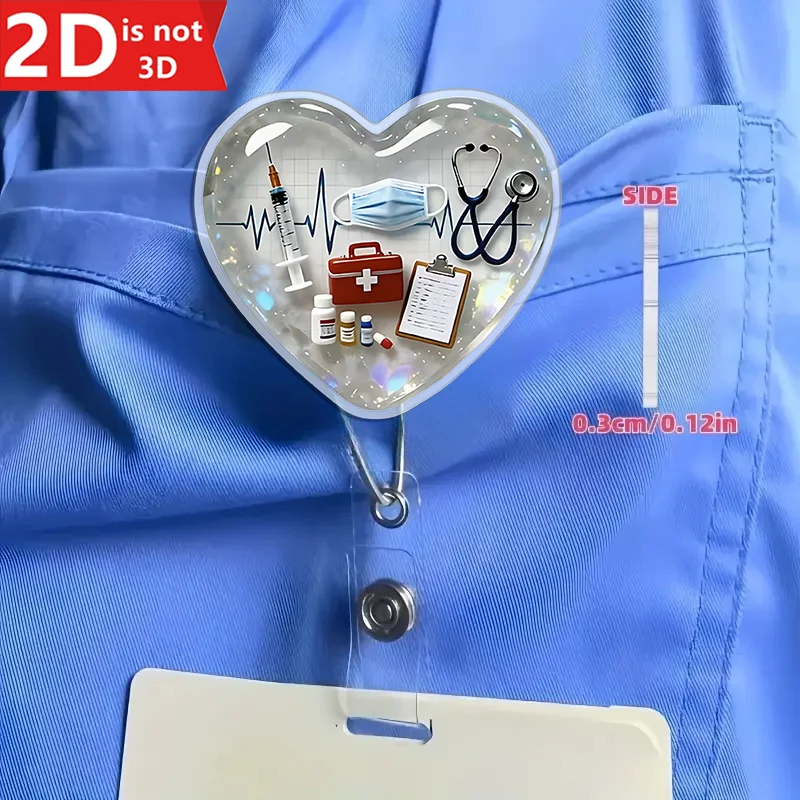 2D Medical Heart Acrylic Retractable Badge Reel, Holographic ID Card Holder with Alligator Clip for Nurse Doctor Office Staff