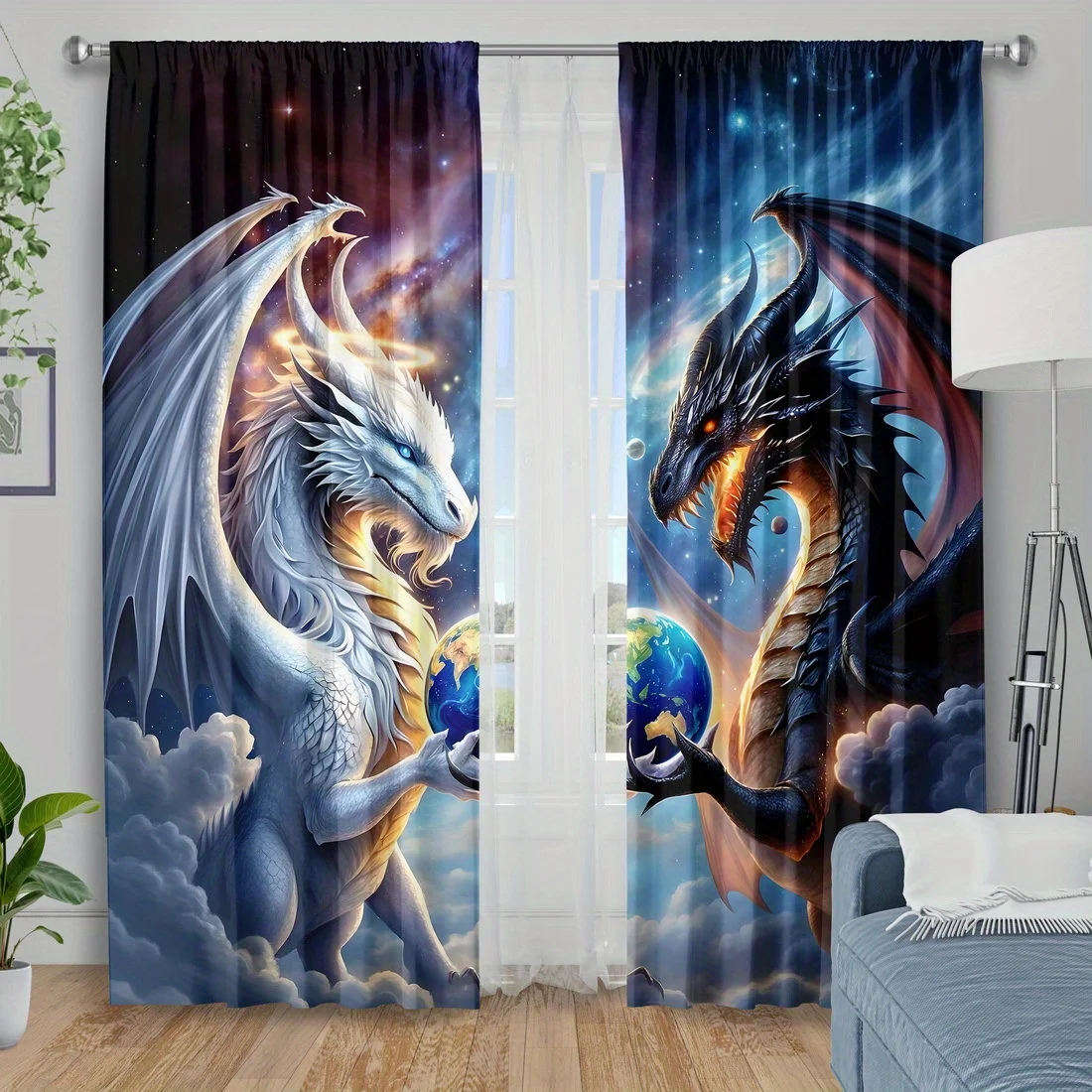 Luxury Cosmic Dragon Fantasy Curtains Drapes Gothic Space Anime Mythological Art Window Panels Bedroom Living Room Home