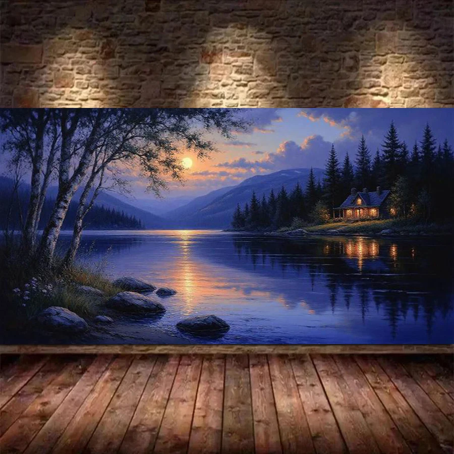 

Набор для алмазной вышивки «Дом на озере на закате», большой размер, пейзаж, полная выкладка, мозаика, ручная работа, вышивка крестом, картина, украшение
