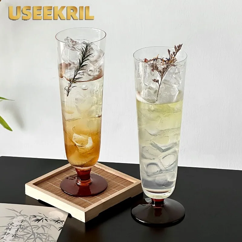 Amber-bottom Glass Cups,Slightly Tipsy Wine Glasses Cup,Small-capacity Milkshake Glass Cup,Vintage Cocktail Liqueur Cups