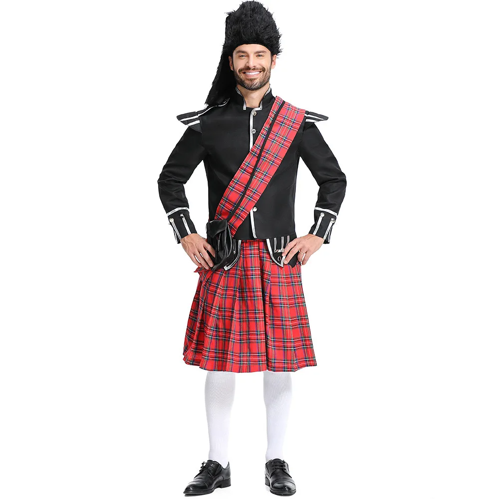 Men Scottish Honor Guard Cosplay Halloween Red Grid British Soldiers Costumes Carnival Purim Stage Role Play Showing Party Dress