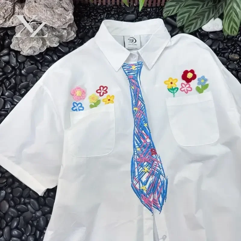 90s Retro Y2K Tee Hand Painted Floral Embroidery Pop Art Tie Print Distressed Cotton Oversized Skate Button Shirt high Street
