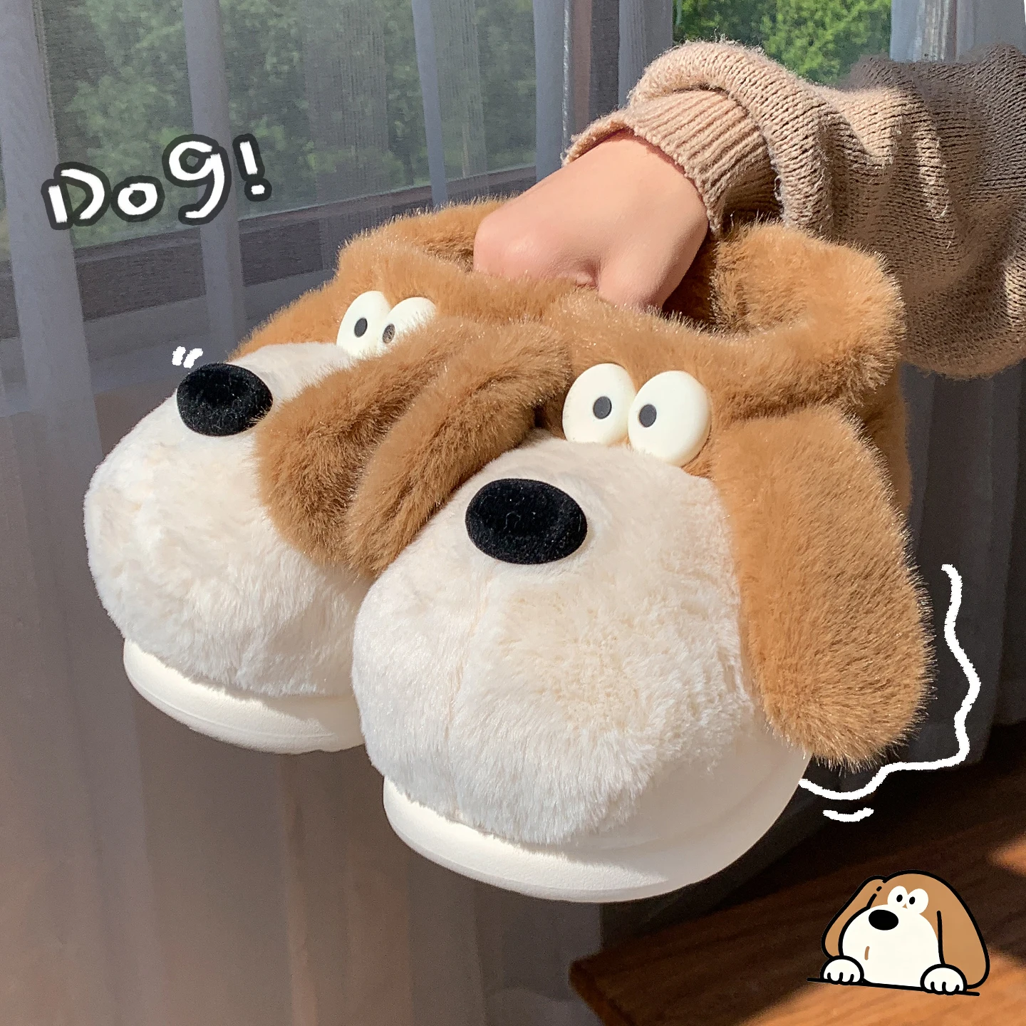 Koreanischer Stil, niedliche Welpen-Hausschuhe aus Plüsch, Damen, Winter, warm, mit weicher Sohle, für drinnen, flauschig, rutschfest, Hausschuhe. – Detail 6