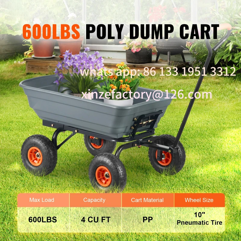 

Customizable Dump Cart Poly Garden Dump Cart Easy to Assemble Steel Frame Dump Wagon with 2-in-1 Convertible Handle