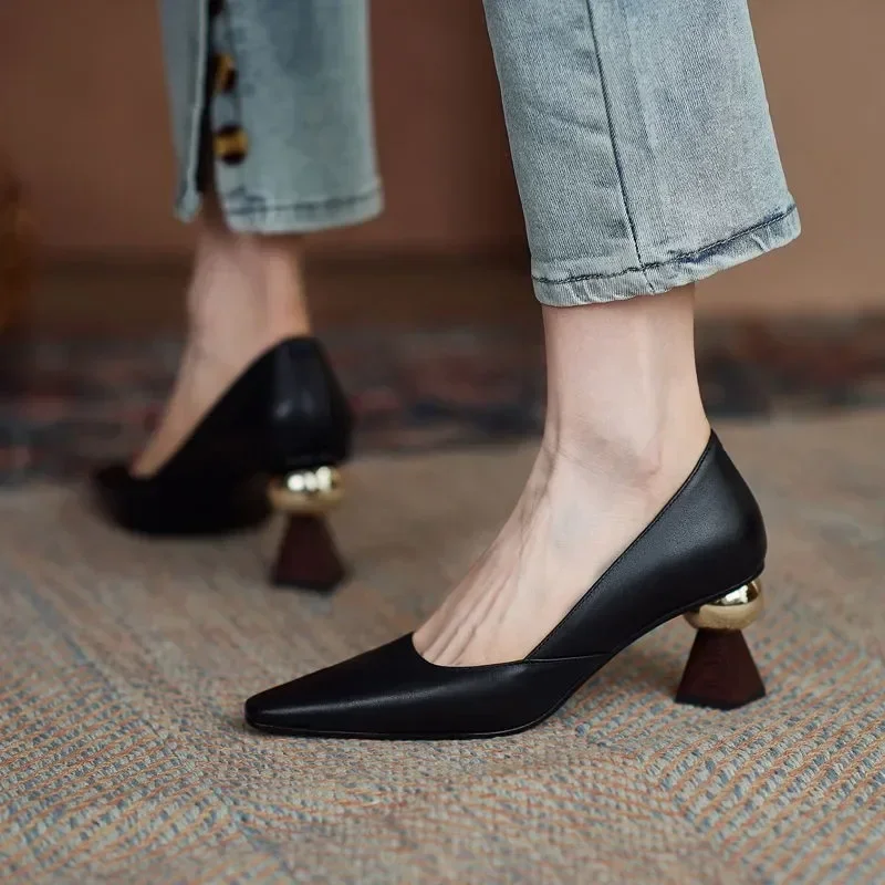 

Handmade Leather Women Pumps Sexy Pointed Toe Chic Stylish Office Working Shoes Strange High Heel Stilettos Black Dress Shoes