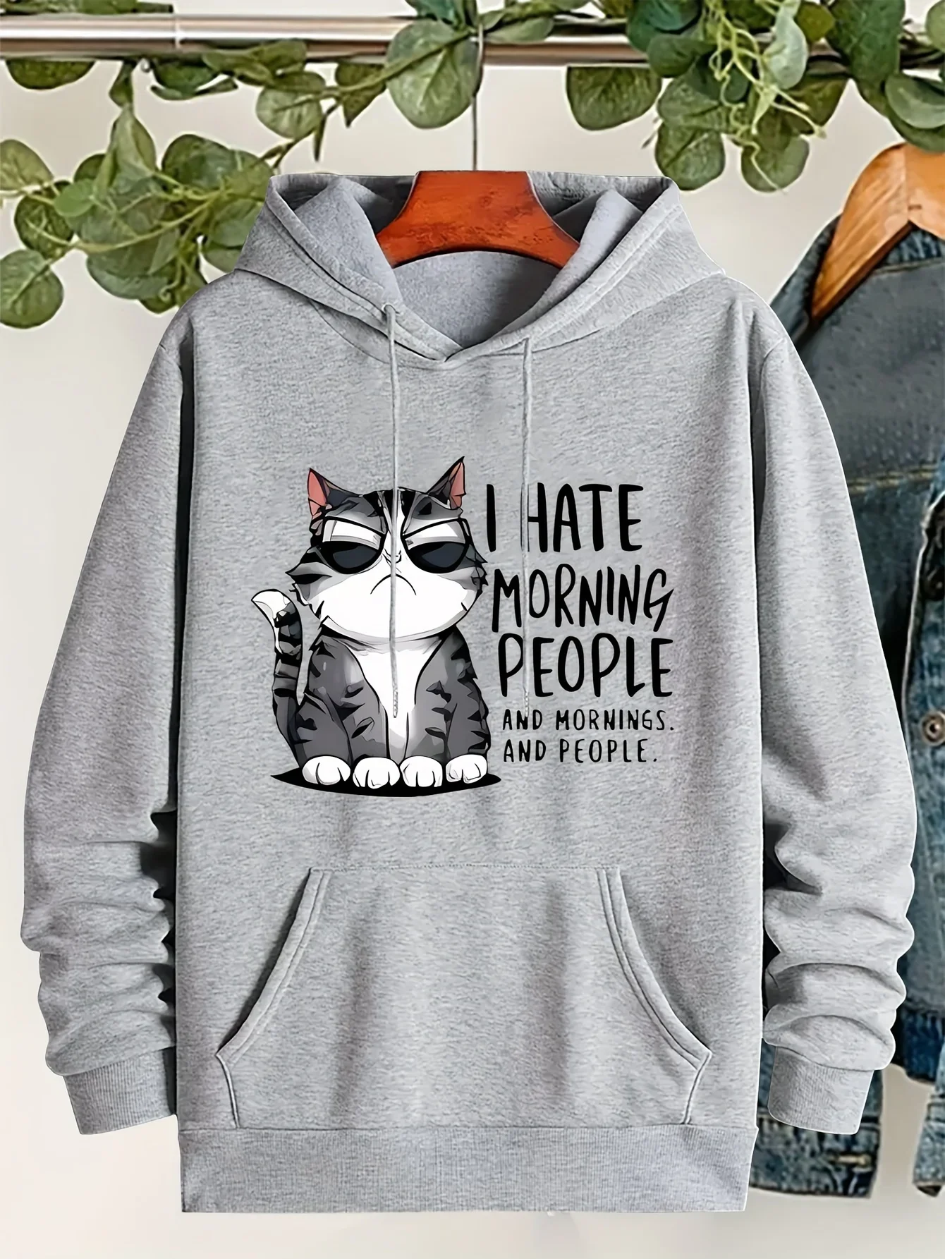 Cool Sassy Cat with Sunglasses Funny Pattern Women Y2K Hoodies Autumn Pocket Hoody Fleece Korean Sportswear Loose Pullover Sale