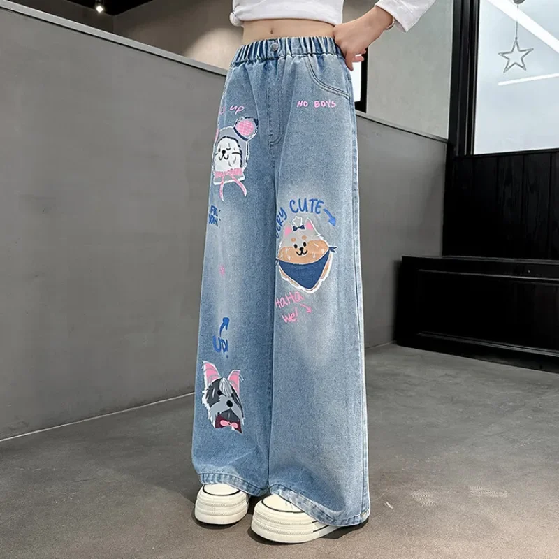 

Girls Loose Wide-leg Jeans Trousers Children Cartoon Animal Letter Print Straight Denim Pants Spring Autumn Clothing 5-12 Years