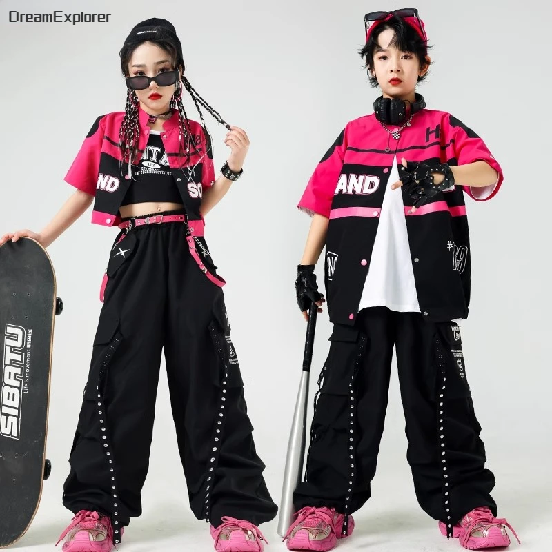 Girls Hip Hop Motorcycle Short Sleeve Crop Jacket Rivet Cargo Pants Boys Street Dance Clothes Kids Jazz Sets Children Streetwear