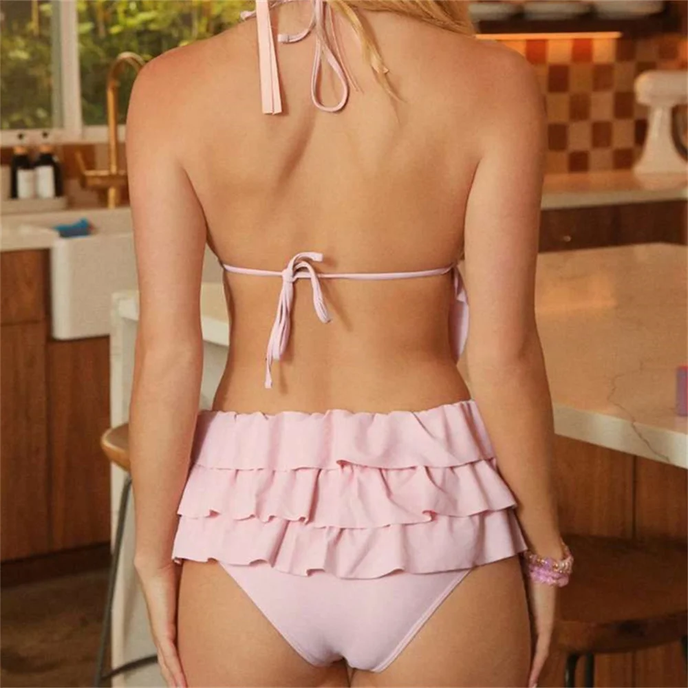 Seksowny głęboki dekolt V, wycięty string bikini, wiązany na szyi, odkryte plecy, różowy strój kąpielowy Y2K, falbankowy kostium kąpielowy, damski strój plażowy na wakacje, strój do kąpieli.