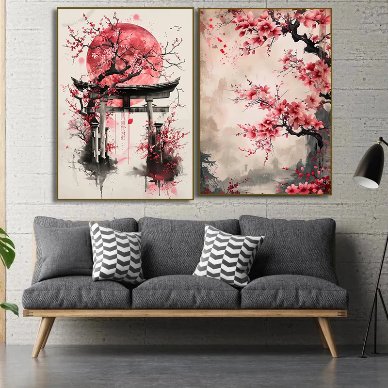 خمر اليابانية زهر الكرز الجبل المشارك طباعة الوردي زهرة المشهد حائط لوح رسم صورة فنية لغرفة ديكور المنزل #4