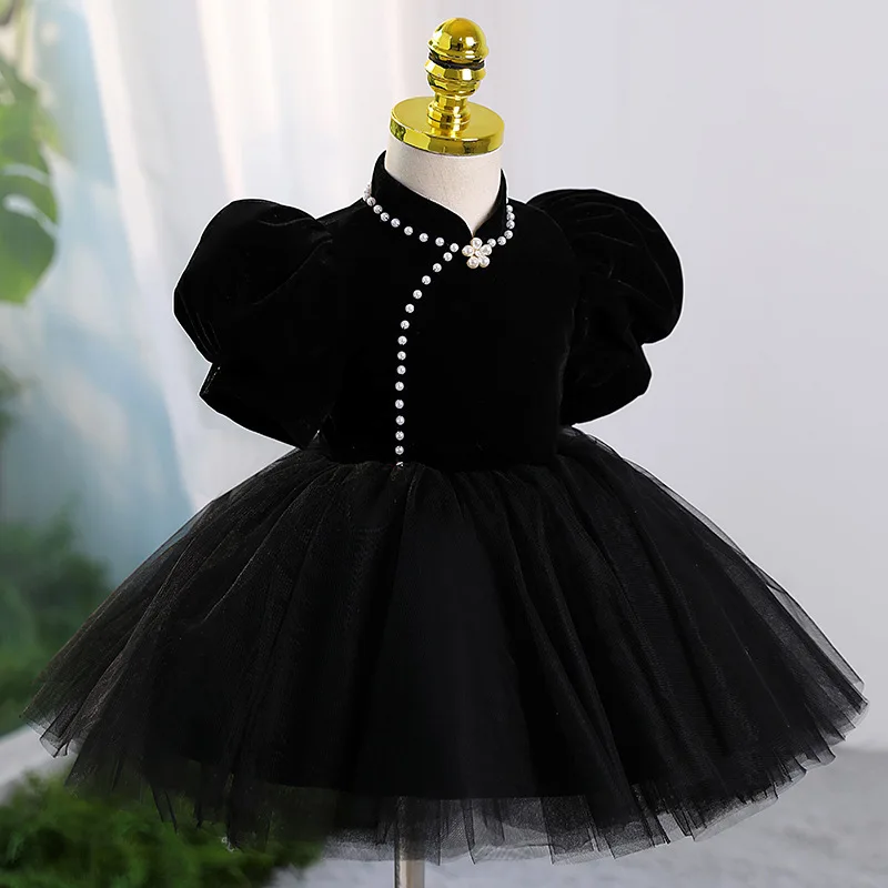 

Girls' Black Evening Dress French Style Light Luxury Niche Children's Birthday Princess Dress Host Piano Performance Puffy Tulle
