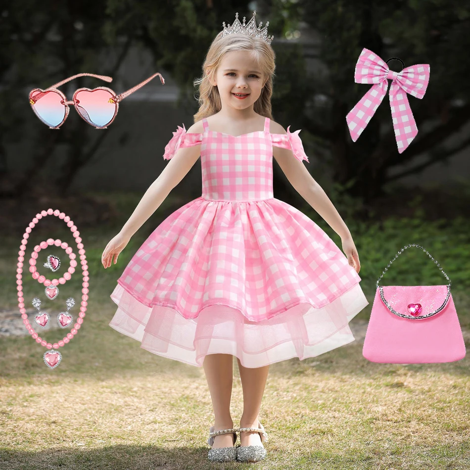 

Платье принцессы для дня рождения для девочек, розовое клетчатое сетчатое платье с бантом, детские рождественские карнавальные платья с героями мультфильмов, карнавальные платья, нарядный костюм