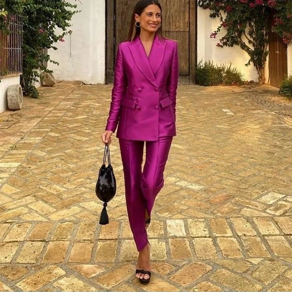 

Peaked Lapel Slim Suit For Women Elegant Double Breasted Tailored Female Outfit Formal Office Work Lady Daily Set Jacket Pants