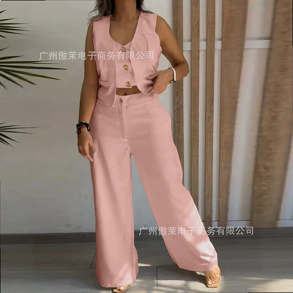Metal Button Vest Top & Pants Set Women Casual 2 Piece Matching Set Sleeveless Jumpsuit Playsuit