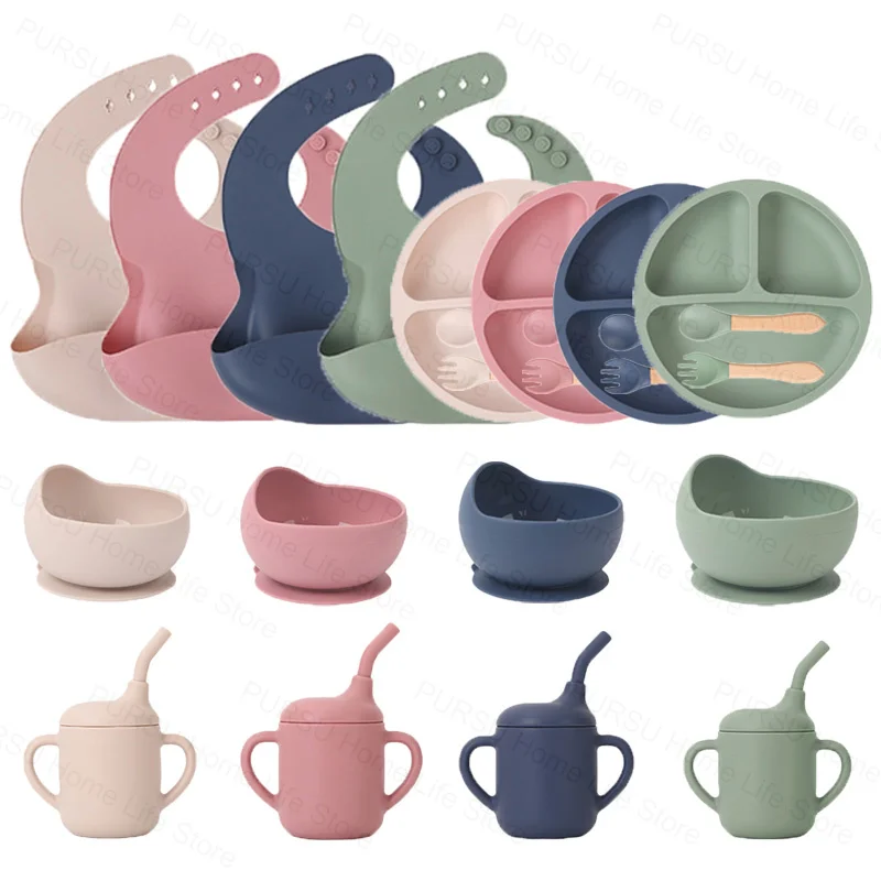 Muti-Color Silicone Tableware Combo For Kids Baby Feeding Sets Childrens Meal Training Set Bowls Plates Spoons Forks Bibs Cups