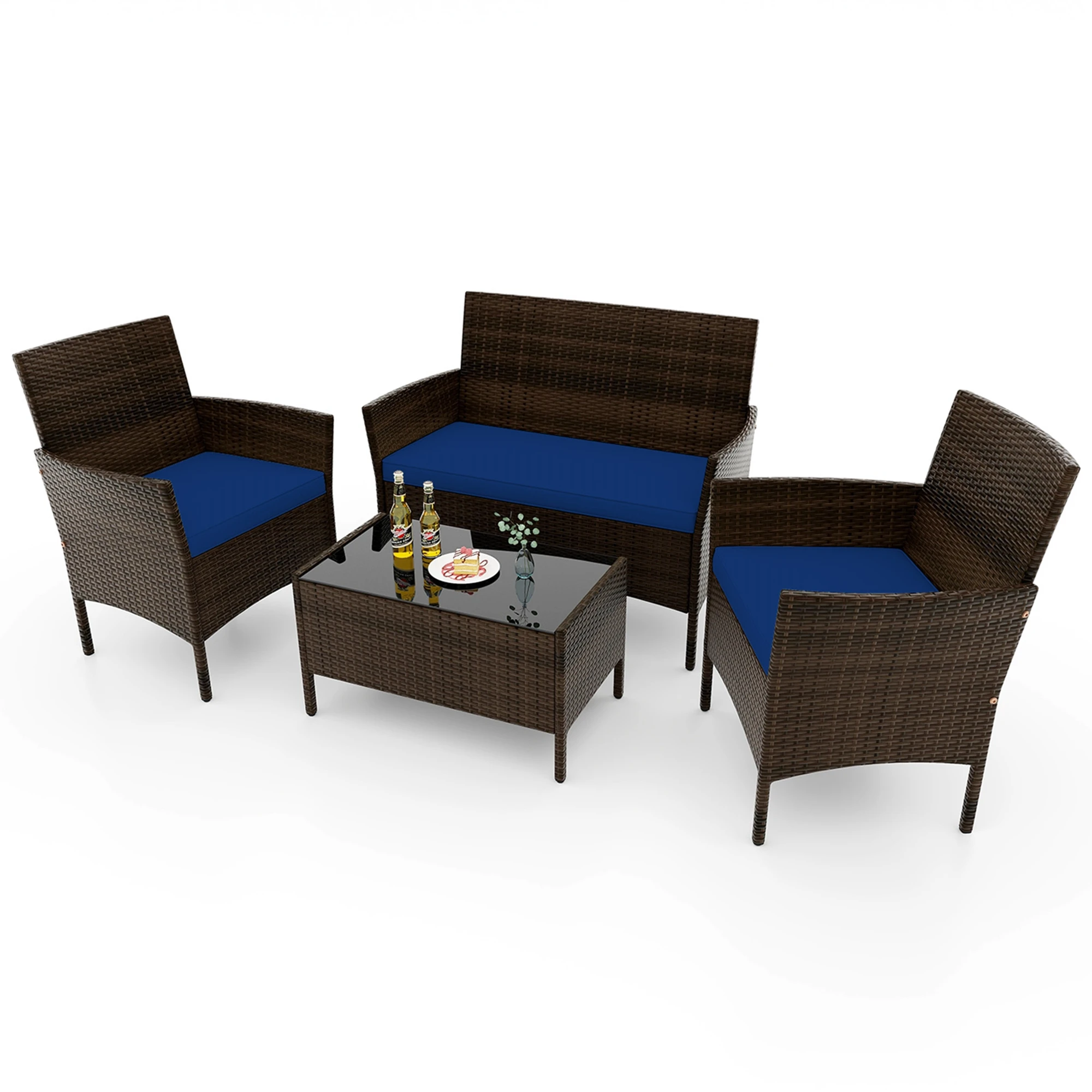 4 PCS Patio Furniture Set with Washable Cushions and Tempered Glass Coffee Table Navy