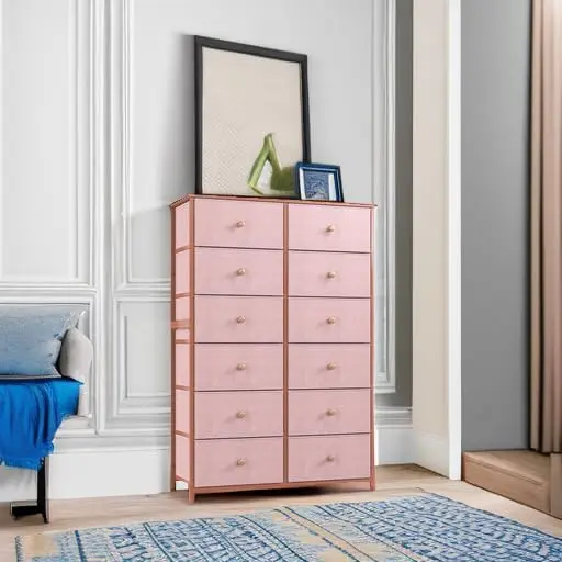 Dresser with 12 Drawers, Tall Dressers for Girls Bedroom with Wood Top Metal Frame, Chest of Drawers for Bedroom, Closets, Pink,