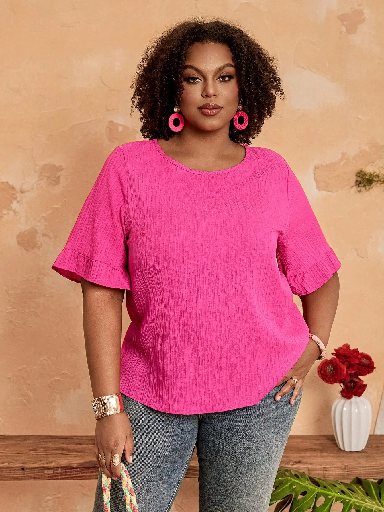 

Plus Size Short Sleeve Casual Blouse For Women Spring Summer Pink Top